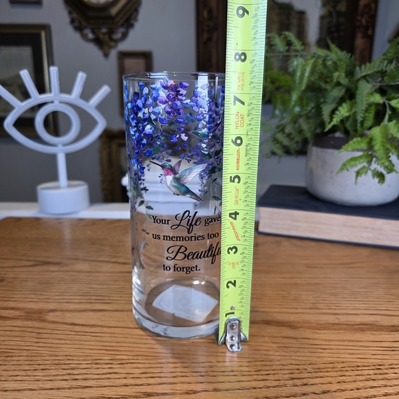 Memorial Hummingbird Hurricane Glass Vase Wisteria Butterfly 7.5" Sympathy Gift - Picture 3 of 5